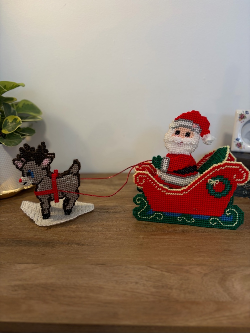 Vintage Handmade Santa Sleigh & Two Reindeer Christmas Decor